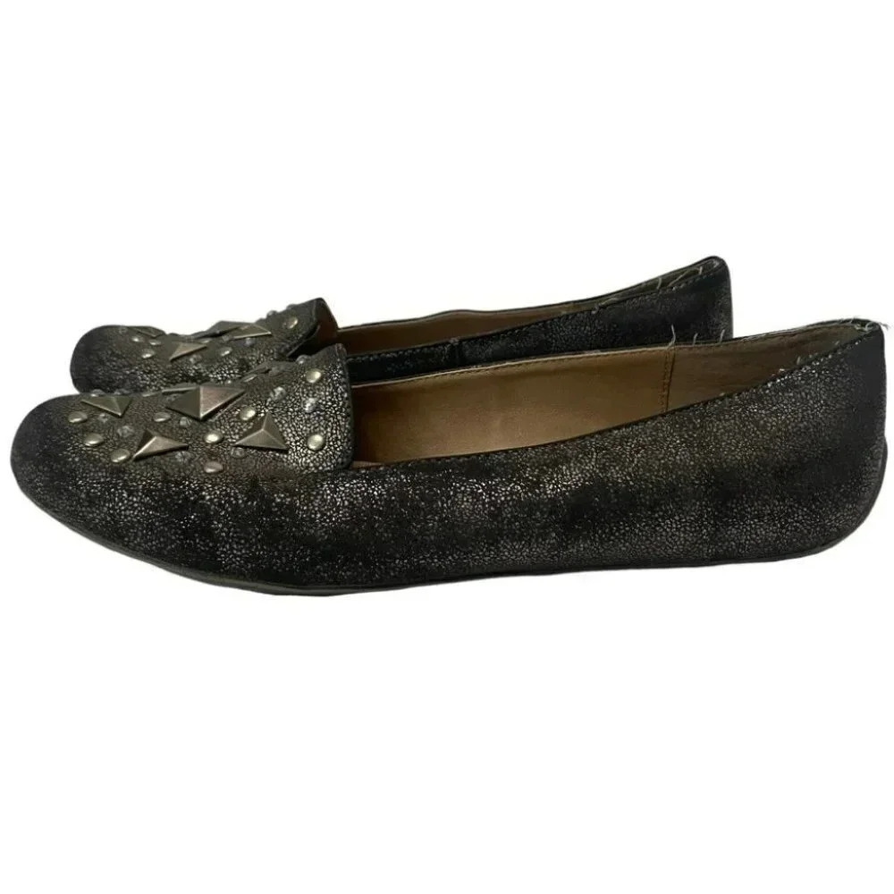 Kenneth Cole Reaction Flat Loafers 9.5 Black Silver Metallic Studded Hip Bump MT